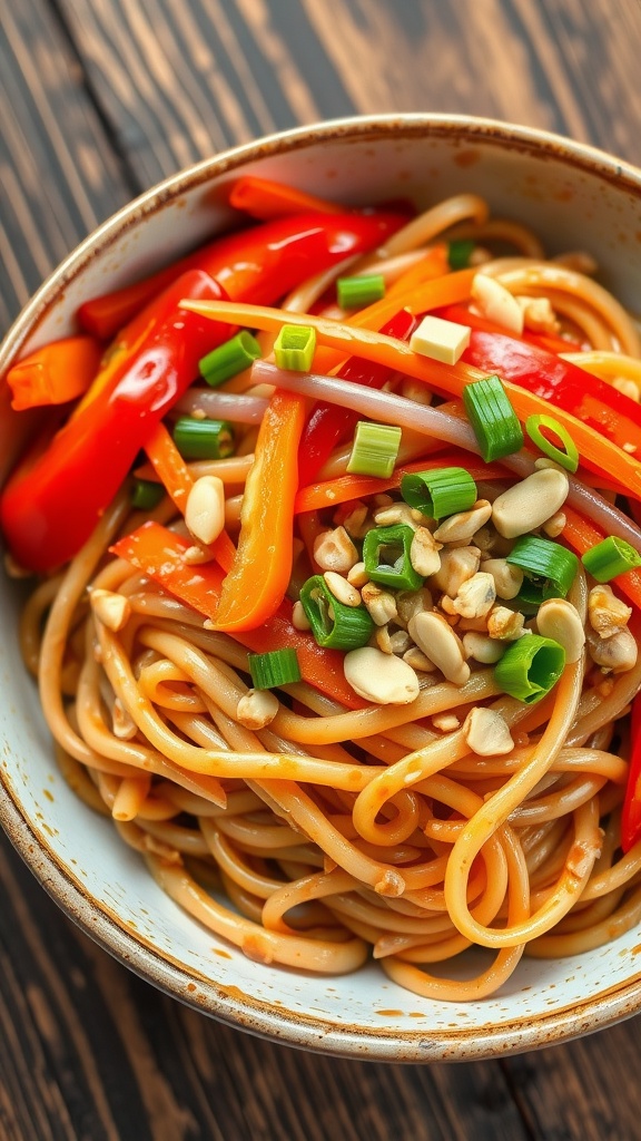 A bowl of spicy peanut noodles with fresh vegetables, garnished with peanuts and green onions, on a rustic wooden table.